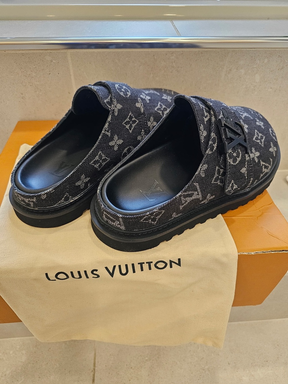 Louis Vuitton Black Monogram Denim Slide Mules
